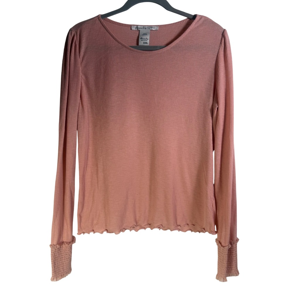 American Rag Cie Womens XXL Peach Ribbed Long Sleeve Smocked Cuff Top 9TK01